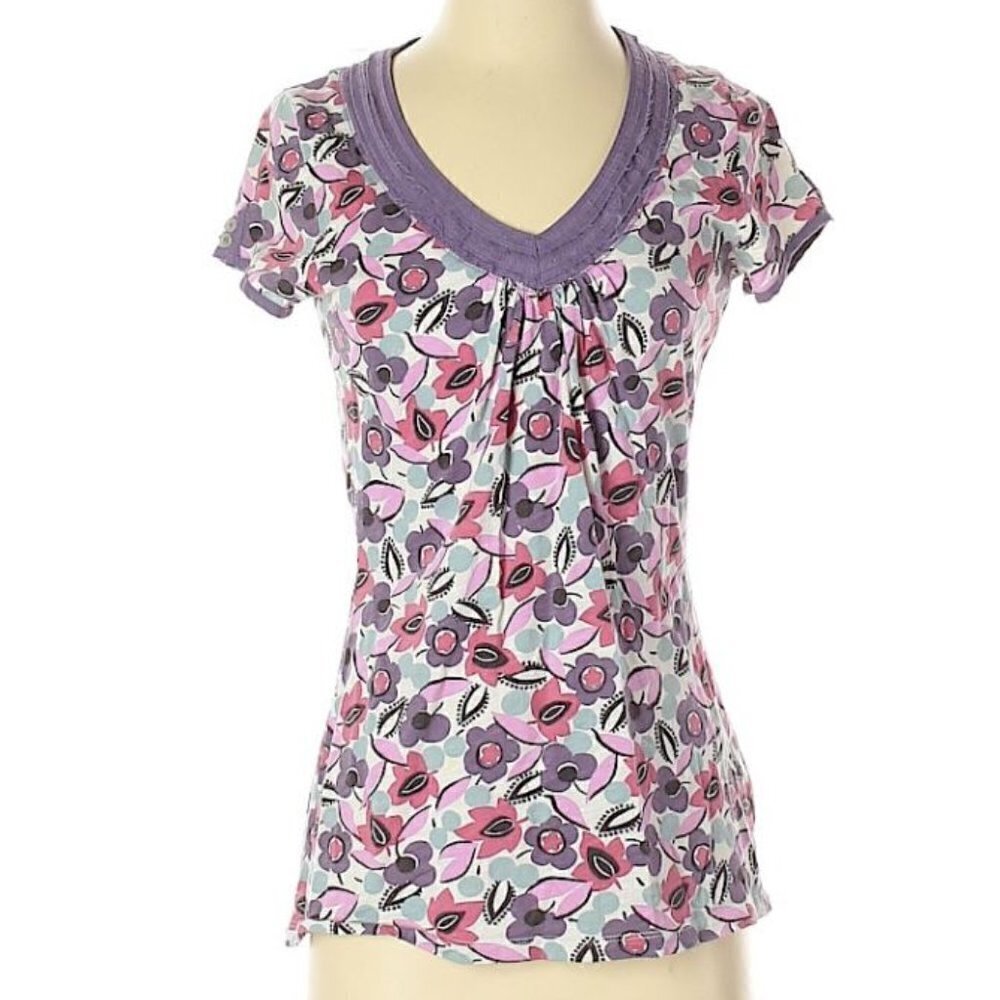 Boden Cotton Floral Purple V Neck Short Sleeve Top Shirt Size 2